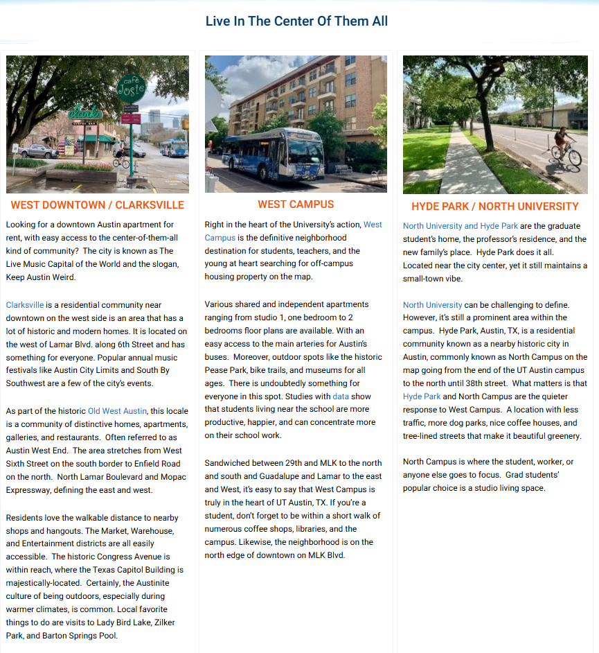 Clarksville and West Downtown parent location page from The Westside Group SEO case study